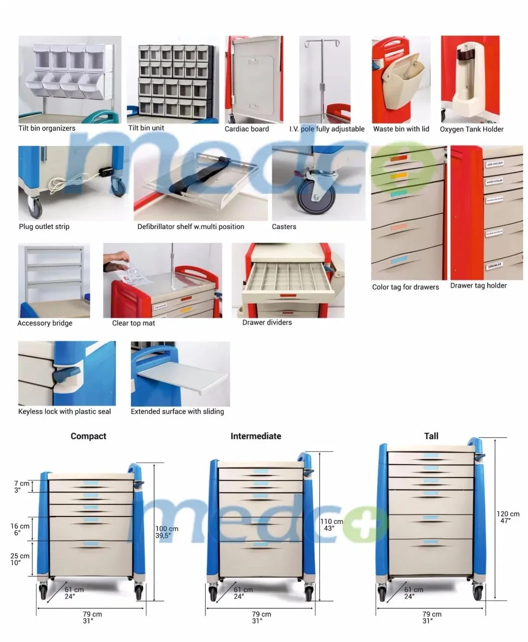 Patient Nursing ABS Emergency First Aid Treatment Cart Trolley with Oxygen Tank Holder